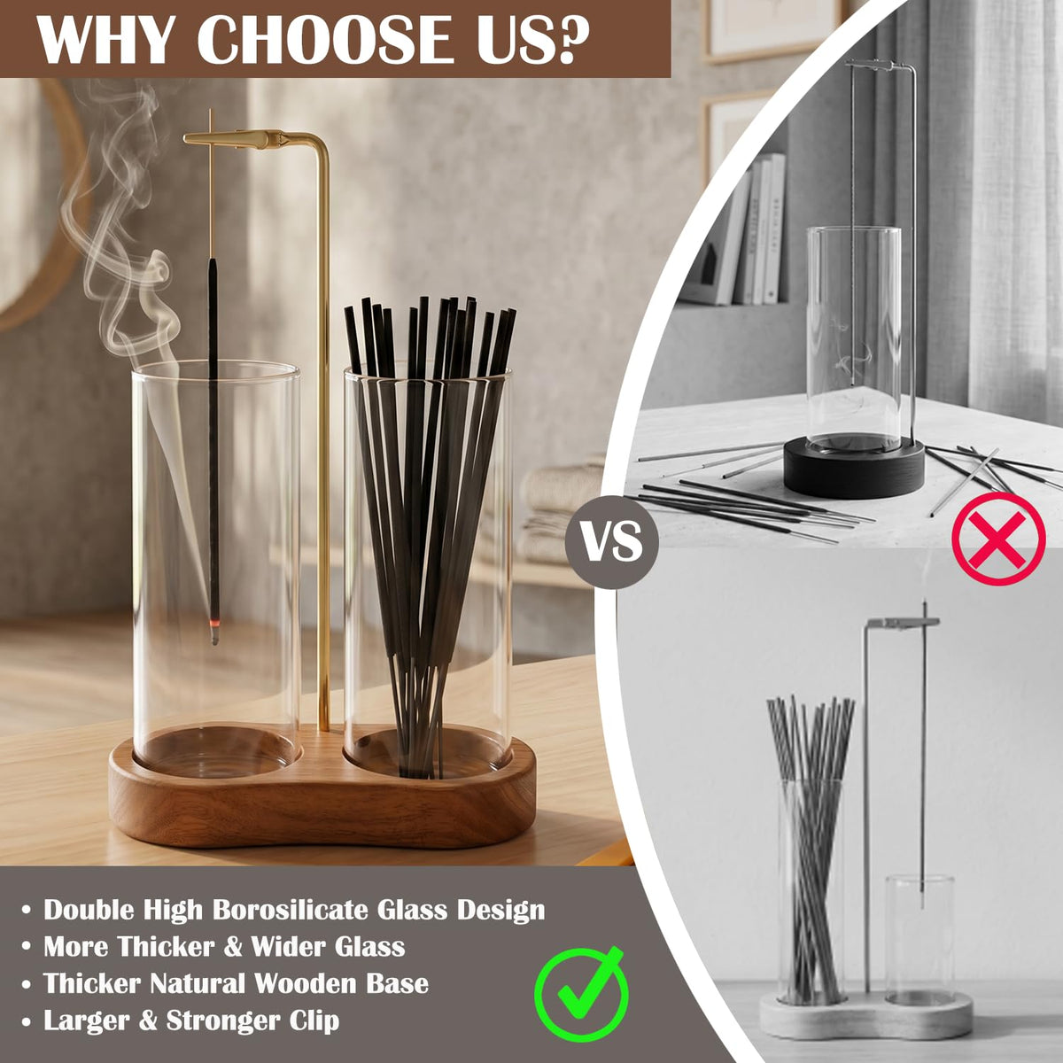 Incense Holder for Sticks with Glass Ash Catcher (Upgrade tall cup)