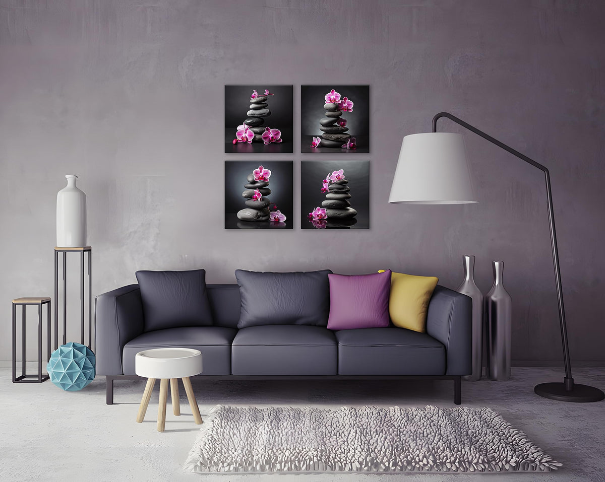 Zen Canvas Art (14X14inchX4 / Pink Orchid & Stone)