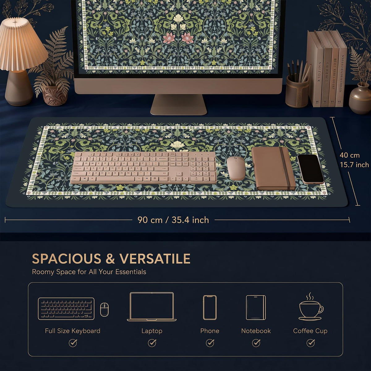 William Morris Inspired Desk Mat (Black & Green / 35.4" x 15.7")