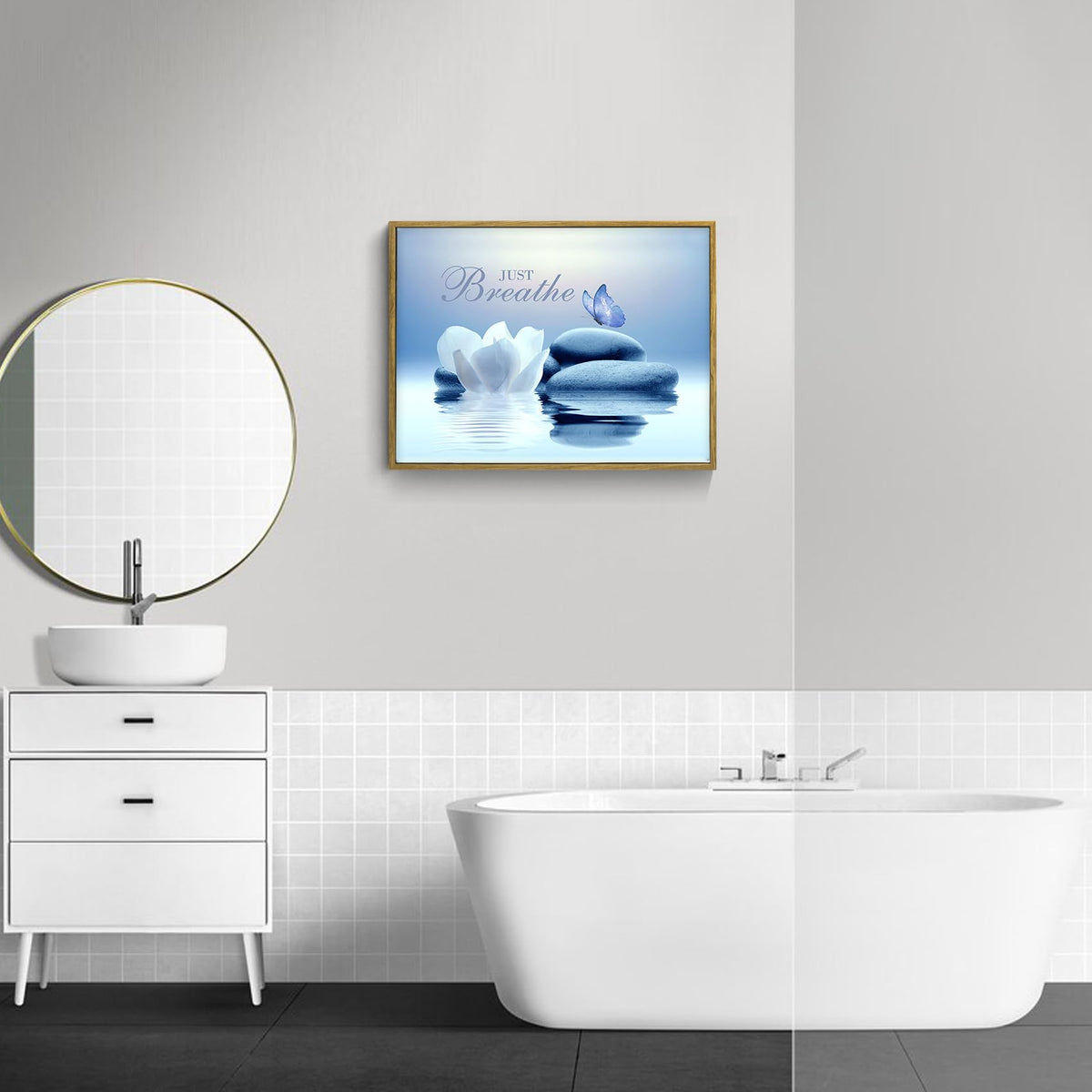 Floral Zen Framed Wall Art for Living Room Just Breathe Flower with Blue Butterfly Framed Canvas Wall Art Spiritual Water Lily Relaxing Canvas Paintings Spa Yoga Office Wall Decor (12"L x 17"W / Blue)