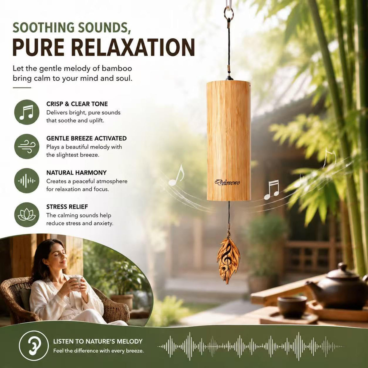 Wind Chimes for Outside Natural Bamboo Windchimes Unique Rain Chime Sound Healing Instruments Gifts for Mom Indoor Outdoor Zen Decorations for Patio Porch Garden and Backyard (C-Chord)
