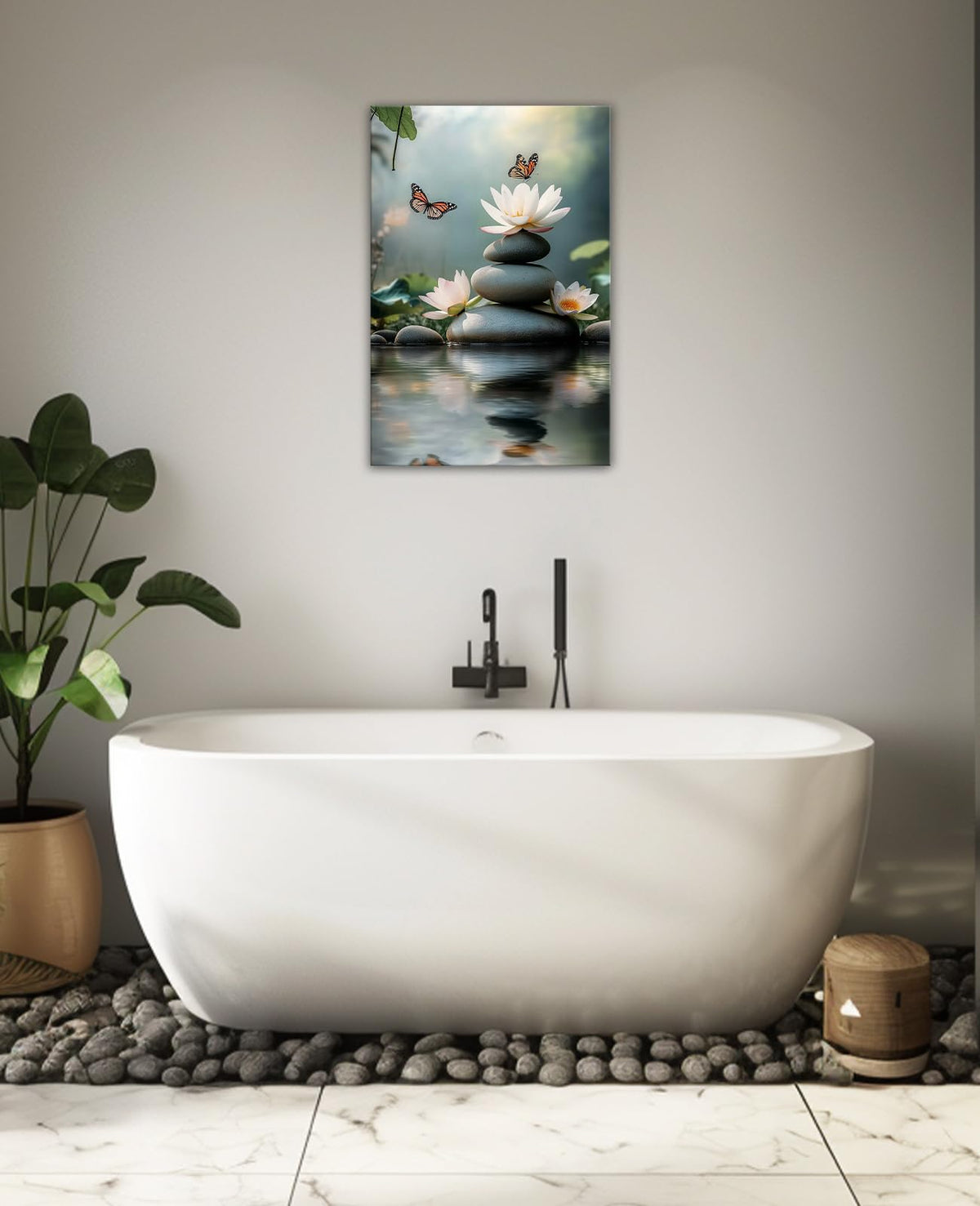 Zen Canvas Wall Art Butterfly White Lotus Picture Print Spa Stone in Water Painting Relaxing Spiritual Artwork for Bathroom Yoga Meditation Room Wall Decor (Artwork-2 / 30"L x 20"W)
