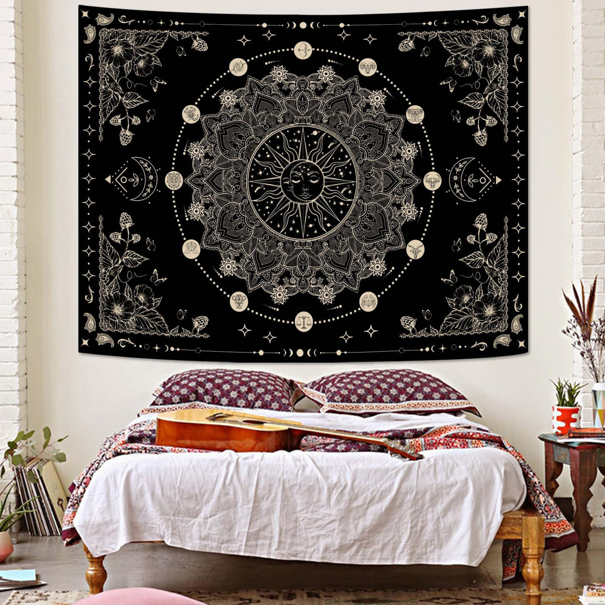 Sun and Moon Mandala Tapestry Boho Tapestry for Bedroom Black and White Tapestries Wall Hanging Living Room Wall Art and Home Decor 44x60 (60"L x 44"W / Black and White)
