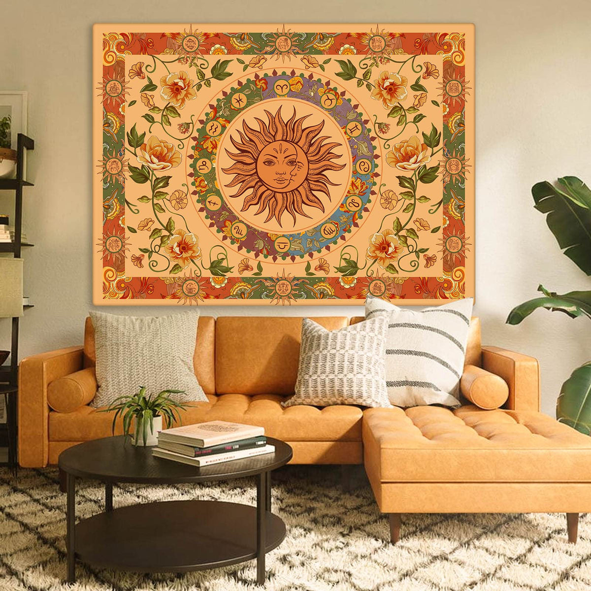 Yellow Sun and Moon Tapestry Hippie Indie Tapestries Boho Orange Flower Floral Tapestry Wall Hanging Cool Vintage Aesthetic Wall Tapestry for Bedroom Living Room Dorm (Orange / 80"L x 60"W)