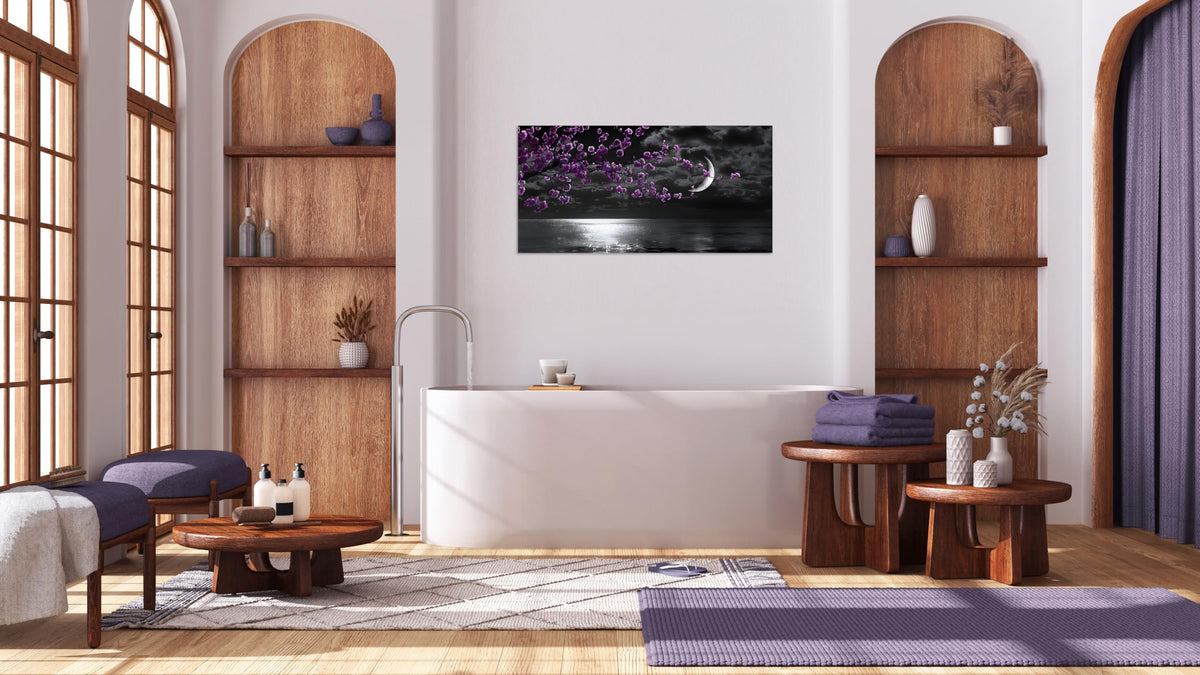 1 Panel Purple Picture for Bedroom Purple Bedroom Pictures Wall Decor Black and White Seascape Full Moon Purple Flower Print on Canvas for Home Decor Stretched and Framed 8x16 inch (16"L x 8"W / Purple Flower 9)