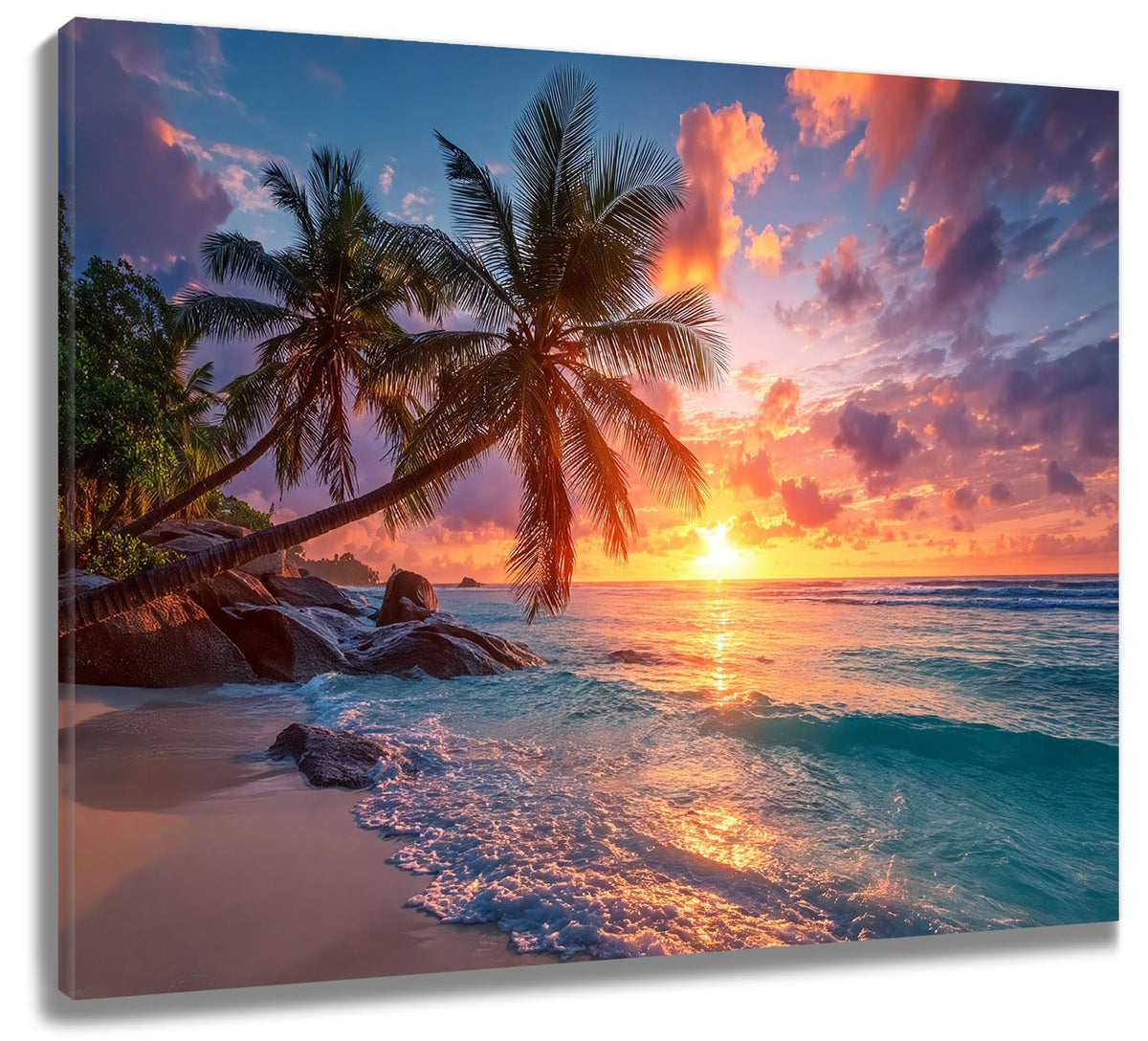 Tropical Beach Wall Art for Living Room Coastal Green Palm Tree Hawaiian Nature Canvas Wall Art Sunset Ocean Landscape Pictures for Bathroom Bedroom Office Wall Decor (Blue Orange / 16"L x 20"W)