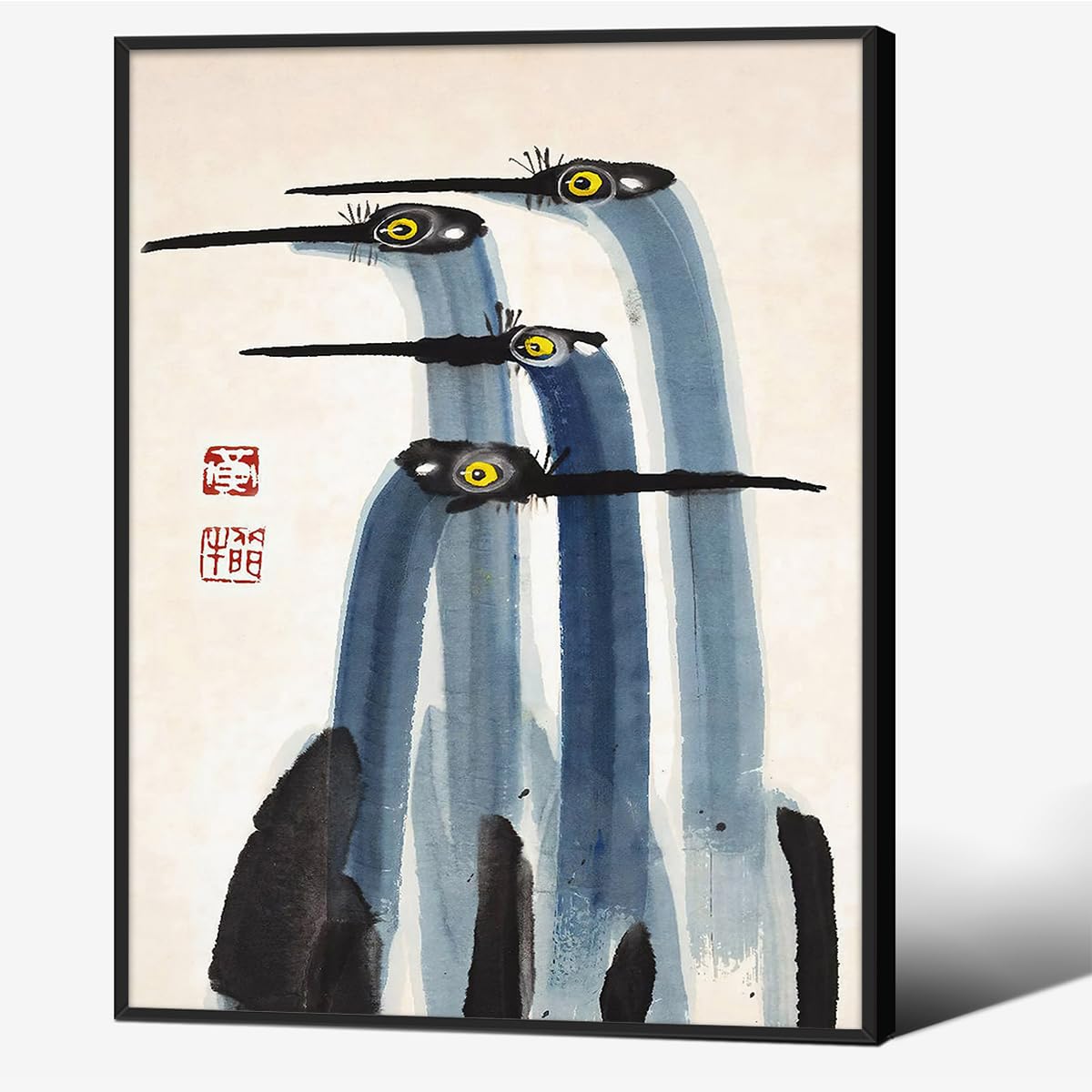 Vintage Japanese Crane Black Framed Poster Antique Asian Bird Canvas Wall Art 11x14 inch Blue Minimalist Animal Watercolor Prints for Country Farmhouse Wall Decor for Living Room Study Office Ready to hang (Black Framed / Japanese Decor / 14"L x 11"W)