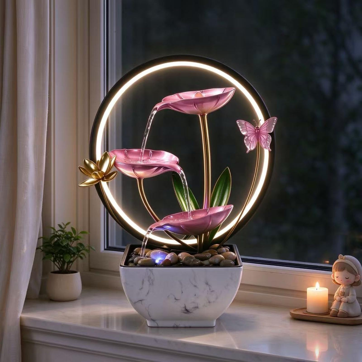 11'' H Pink Indoor Desktop Tableop Fountain Decoration (Pink Led)