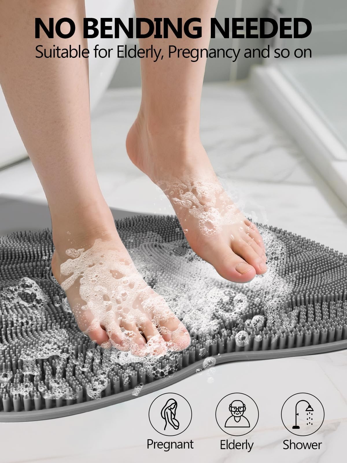 Silicone Shower Foot Scrubber Mat with Non Slip Suction Cups (Grey)