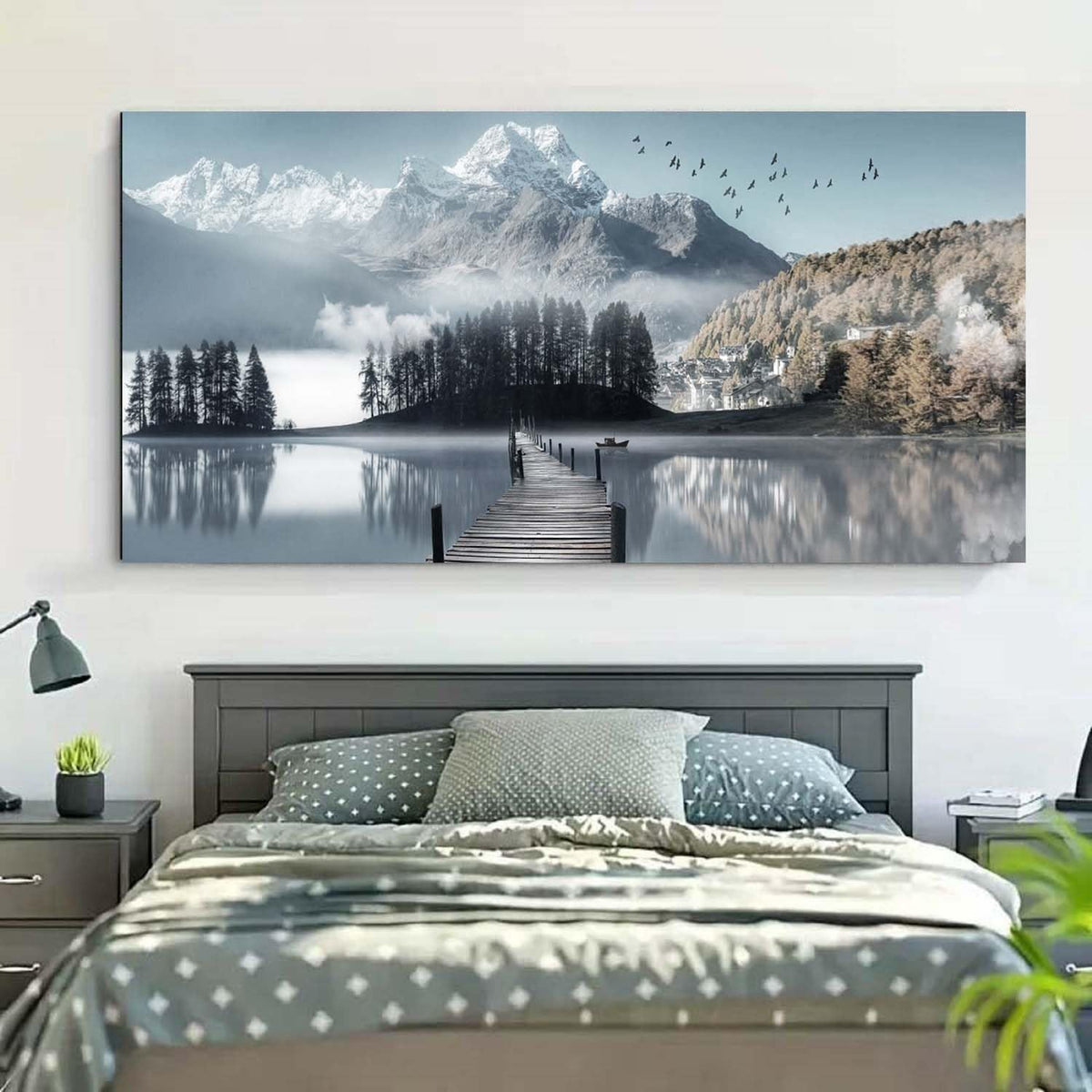 Large Lake Wall Art Mountain Picture Landscape Wall Decor Living Room Nature Canvas Painting Tree Print Scenery Poster Office Artwork for Bedroom Wall Art Home Decoration (Wlake / 60"L x 30"W)