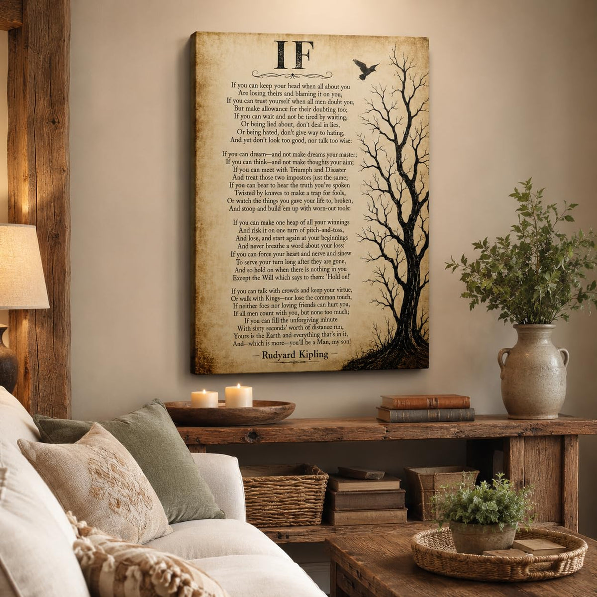 Inspirational Poem Framed Wall Art Canvas Vintage Office Decor 16x24 Inches (Rudyard Kipling If / 24"L x 16"W)