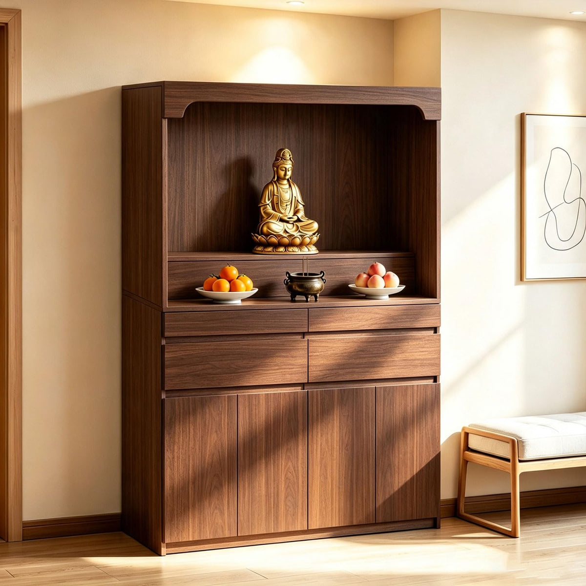 Altar Table Pooja Cabinet with Drawers and Storage Cabinets (43.3×15.7×65.4in / Dark Brown Natural Wood)