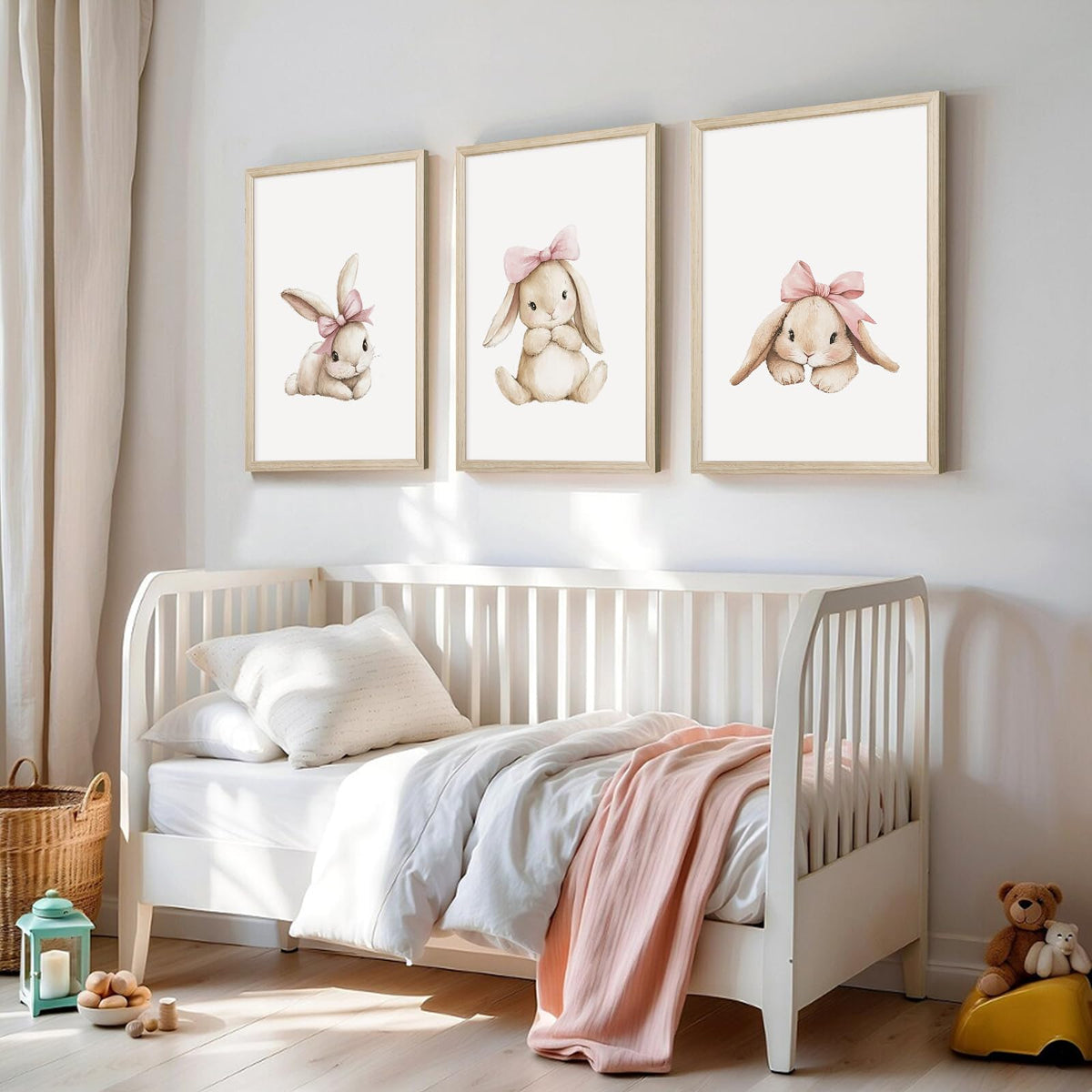 Nursery Bunny Wall Art Decor Bunny Prints Baby Girl Room Canvas Wall Art Decor Pink Baby Girl Nursery Painting Woodland Rabbit Spring Artwork Poster for Bedroom 16x24x3 Inch Wood Framed (16x24 Inch Framed / Cute Rabbit Prints)