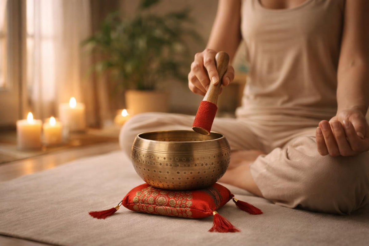Tibetan Singing Bowl Set with Cushion & Mallet (Gold_2)