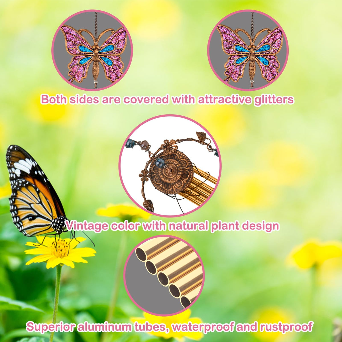 Butterfly Wind Chimes for Outside (Pink Butterfly)
