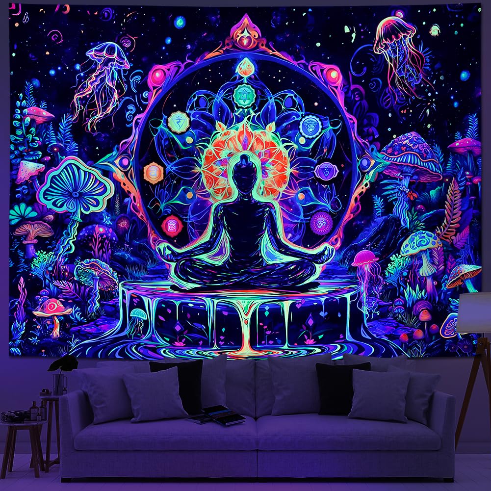 Blacklight Chakra Yoga Meditation Tapestry Mushroom Flower Wall Backdrop UV Reactive Mandala Tapestries Galaxy Space Jellyfish Tapestry Wall Hanging for Bedroom (78.7"L x 59.1"W / Chakra)