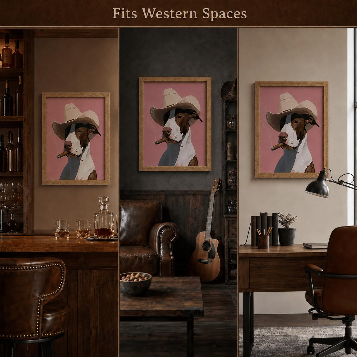 Wood Framed Cowboy Dog Smoking Wall Art Vintage Western Animal Decor (Smoking dog / 10"L x 8"W)