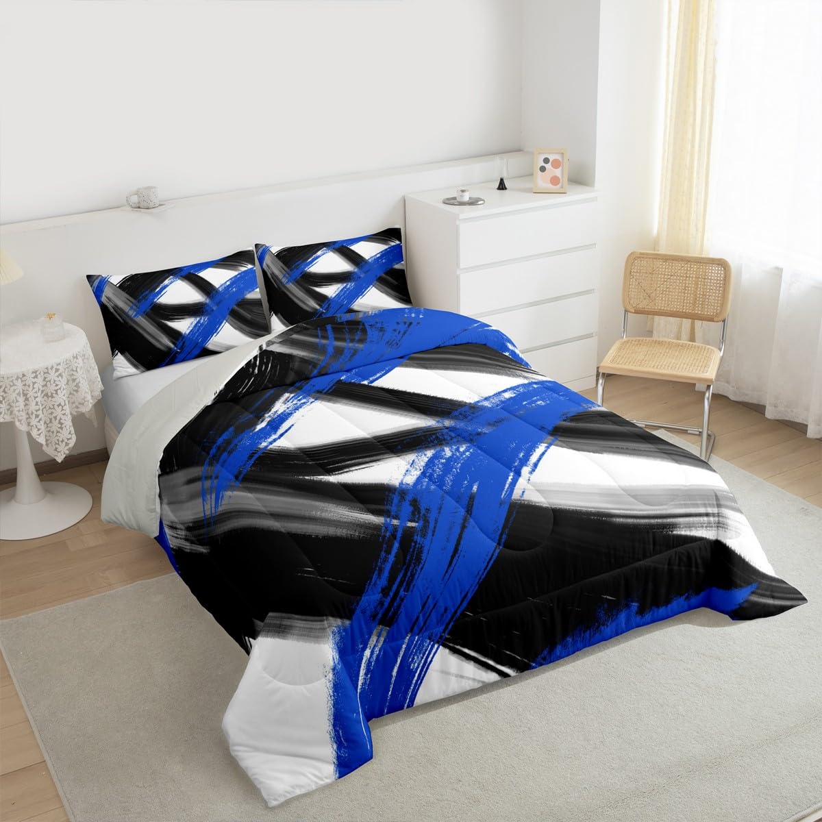 Black Blue Comforter Set King Size Abstract Geometric Bedding Set for Boys Girls Modern Minimalist Duvet Quilt Room Decor Breathable Soft Microfiber All Season 3Pcs with 2 Pillow Cases (Multi 45688 / King)