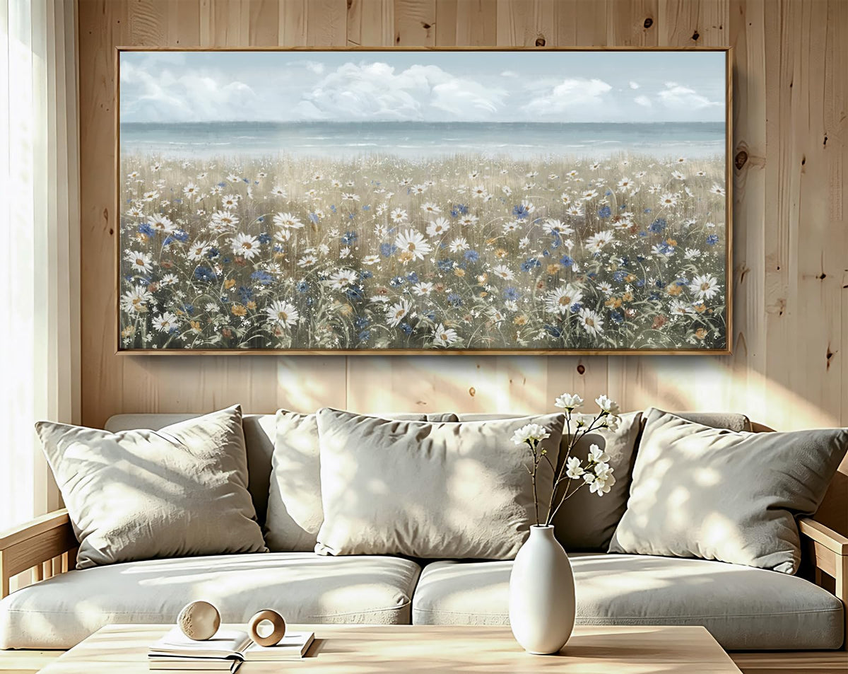 Large Wall Art for Living Room Framed Boho Beach Coastal Floral Ocean Wall Picture Farmhouse Daisy Flower Sea Canvas Print Nautical Neutral Vintage Warm Artwork Home Bedroom Office Decor 48x24 (Coastal Flower Sea Art / 48"L x 24"W)