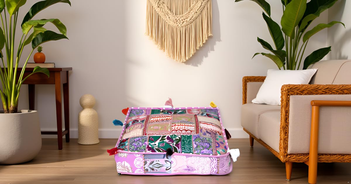 Indian Square Patchwork Traditional Pouf Cover Indian Living Room Poufs Decorative Embroidered Designer Ottoman Home Living Footstool Chair Cover Decor Pillow Cover 22x22x5 inches Baby Pink (22"D x 22"W x 5"H / Baby Pink)