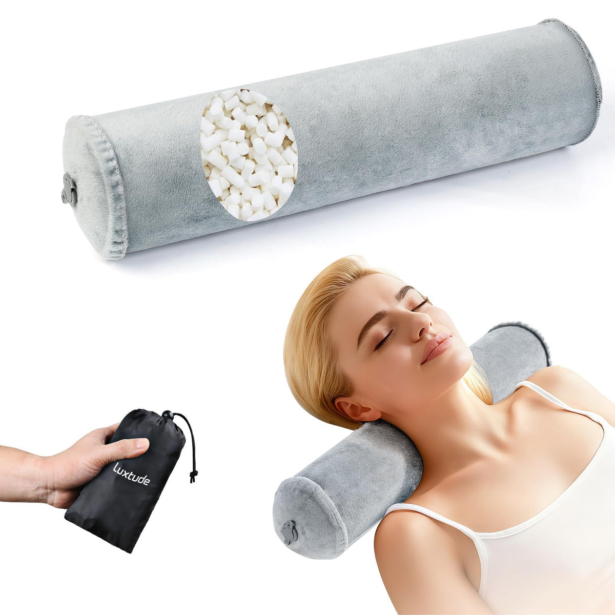 Inflatable Neck Roll Pillow for Sleeping (Grey-3.9" H)