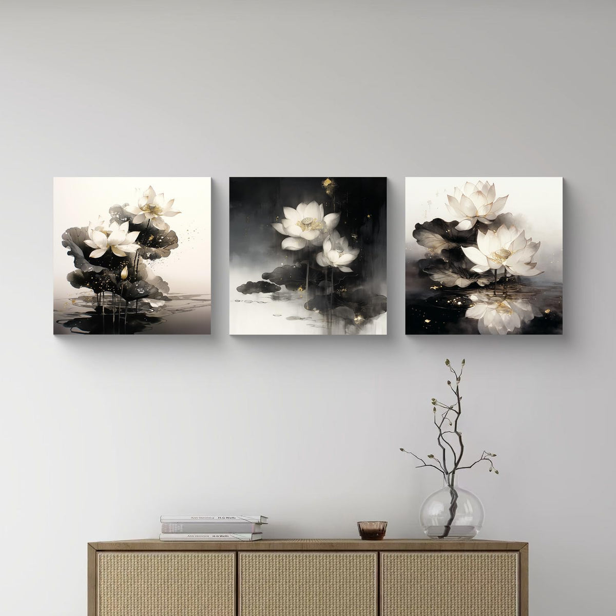 3Pcs White Lotus Flowers Canvas Wall Art Gold Leaf Ink Wash Zen Botanical Prints Modern Minimalist Floral Prints for Bedroom Bathroom Living Room Decor Nature Artwork Ready to Hang (White Lotus with Golden Accents-1 / 16x16inchx3)