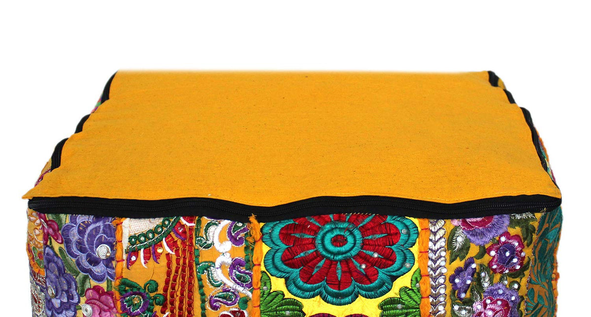 Indian Square Patchwork Traditional Pouf Cover Indian Living Room Poufs Decorative Embroidered Designer Ottoman Home Living Footstool Chair Cover Decor Pillow Cover 16x16x5 inches (16"D x 16"W x 5"H / Yellow)