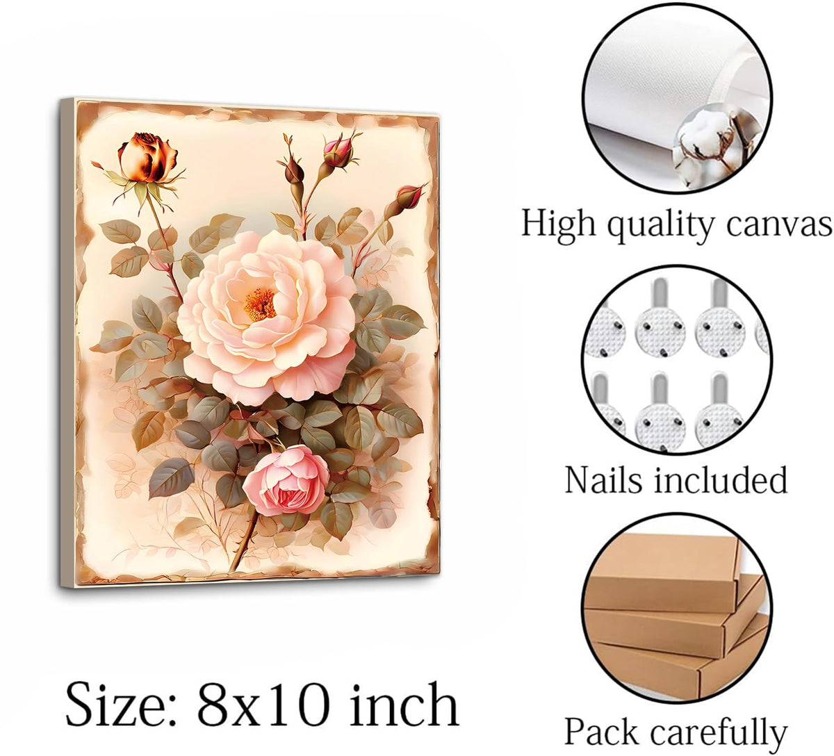 Framed Vintage Flowers Canvas Wall Art Pink Rose Wall Decor (Framed-Vintage Flowers Wall Art)