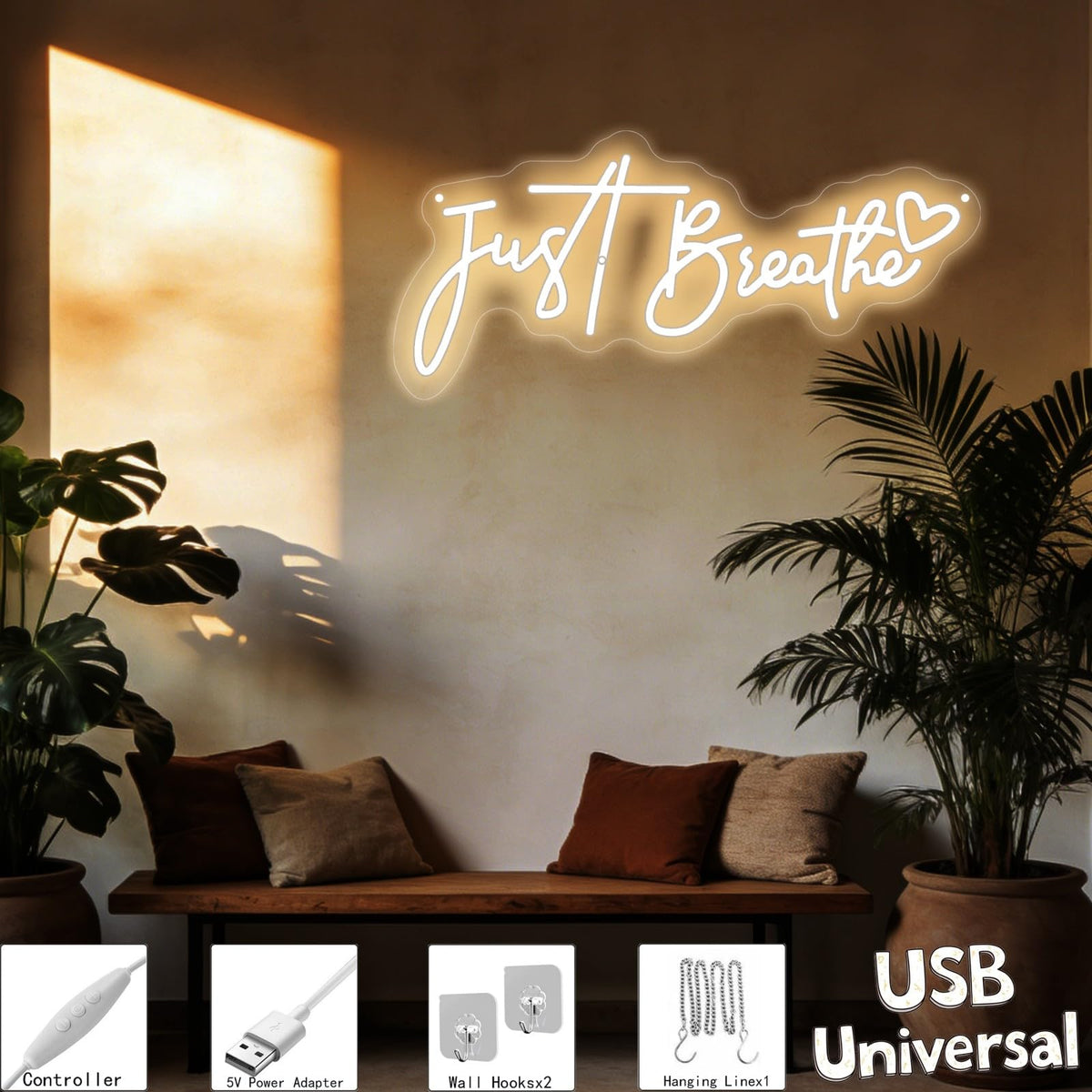 Just Breathe Neon Sign Calming Quote LED Wall Decor (Just Breathe-Warm White)
