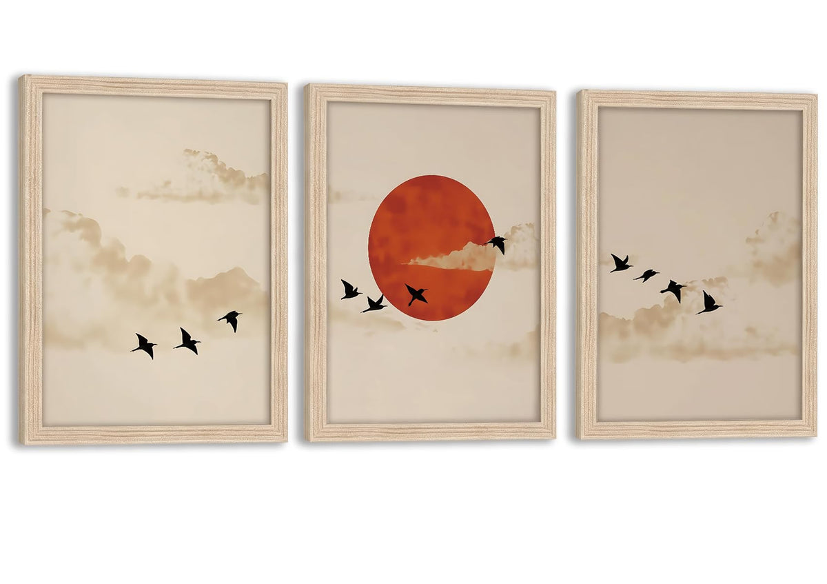 Framed 3D 3Pcs Sunset Birds Canvas Wall Art (white sun / 16"L x 12"W)