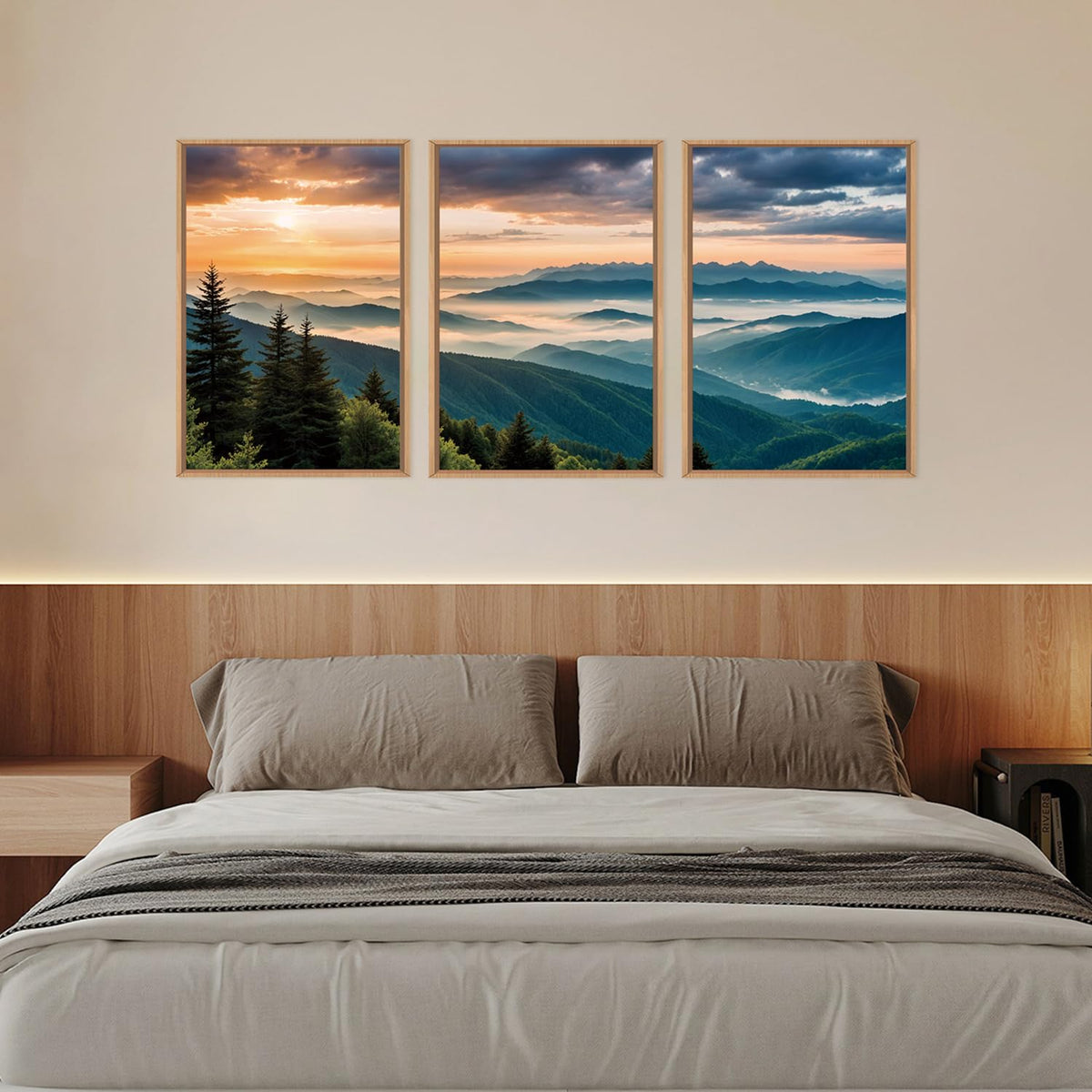 Large Nature Mountain Sunrise Framed Canvas Wall Art (Boho Forest Mountain Wall Art / 24"x36"x3)