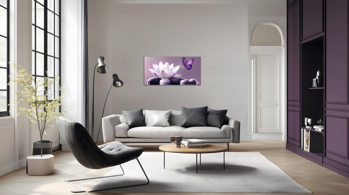 1 Panel Purple Wall Art Purple Pictures Wall Decor Zen Stone Water Lily and Butterfly on the Lake Pictures Poster Spiritual Yoga Spa Painting for Living Room Bedroom (24"L x 12"W / Purple Zen)