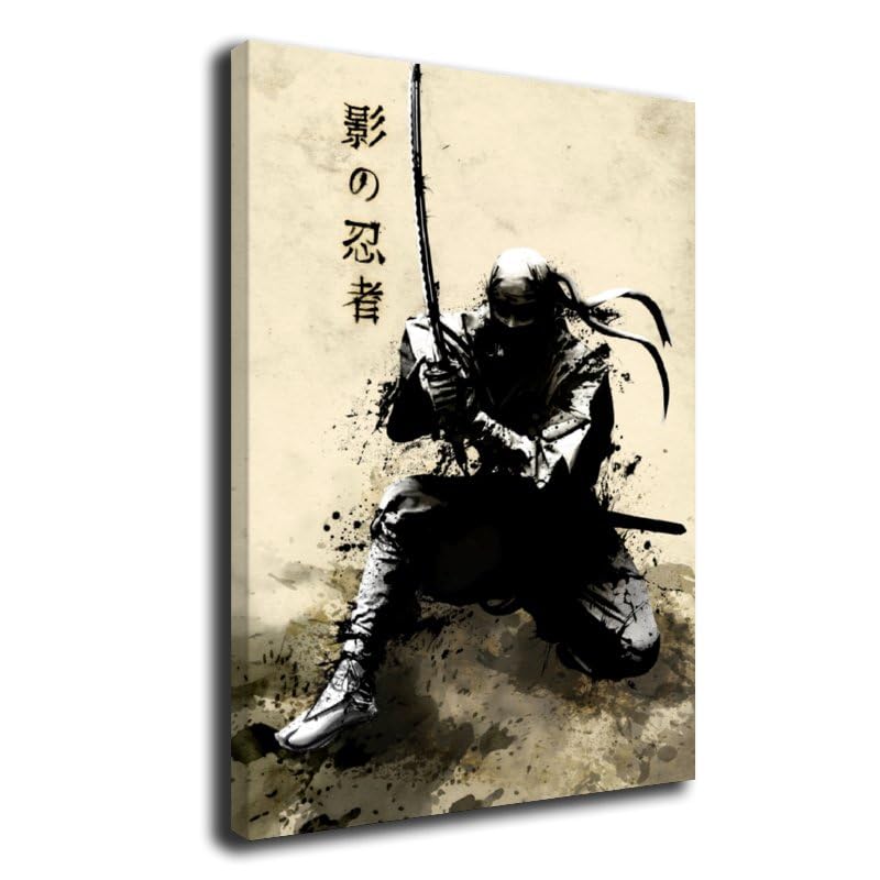 Japanese Samurai Shadow Canvas Painting Wall Art Japanese Style Posters And Prints Retro Pictures Living Room Bedroom Decor Framed 8"X12" (12"L x 8"W / Frame-4)
