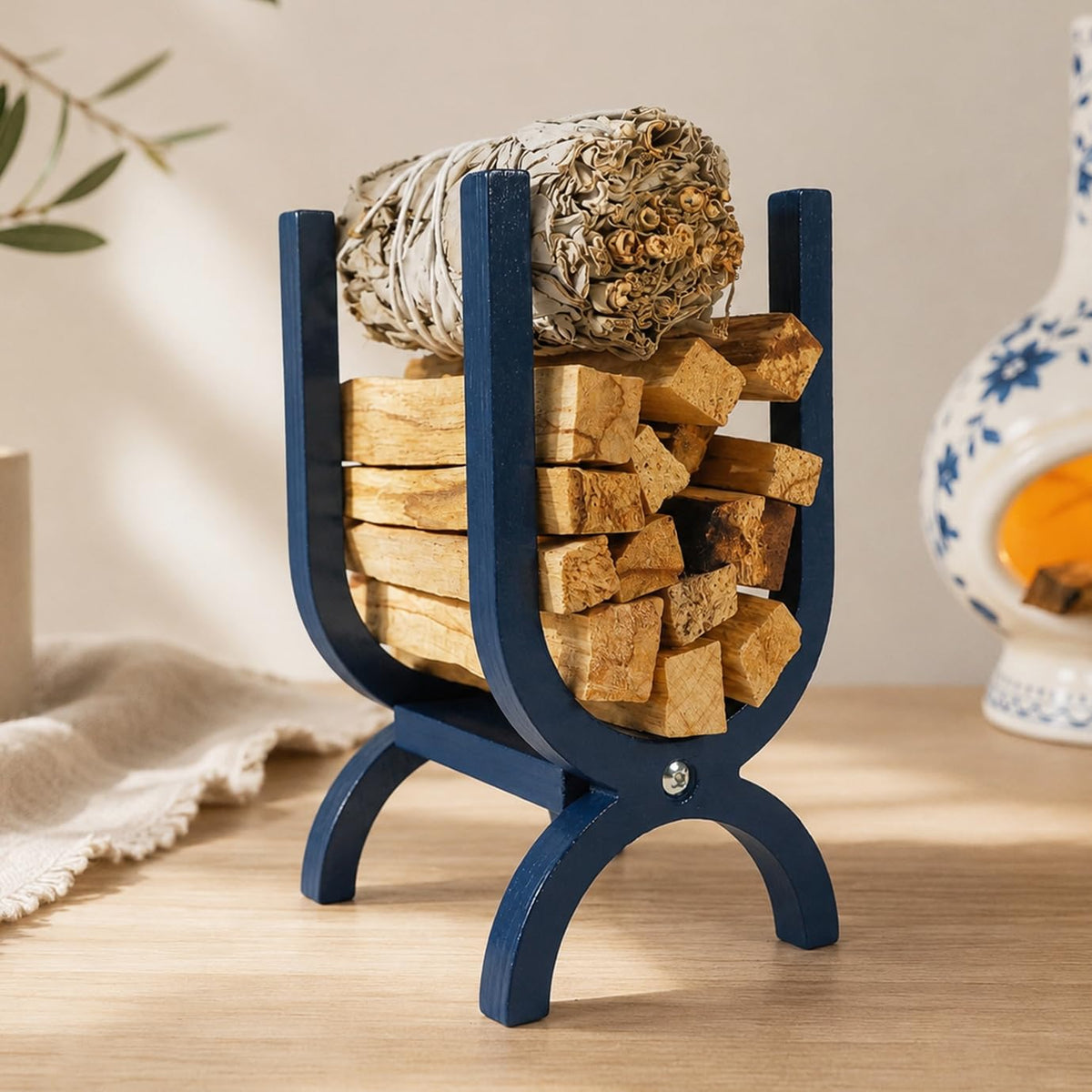 Blue Wooden Palo Santo Holder (Firewood Holder-blue)