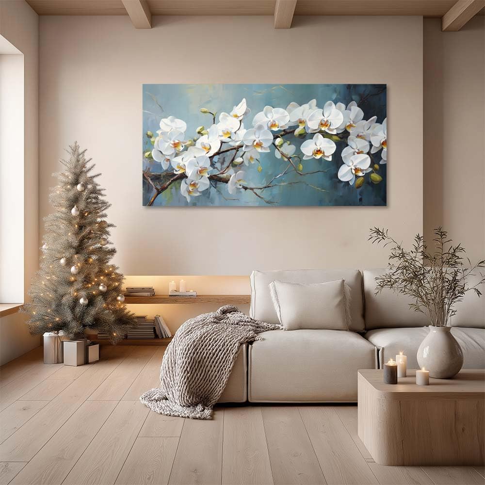 White Orchid Canvas Wall Art Floral Branch Painting Light Blue Background Flat Print Gallery Wrapped Botanical Artwork for Living Room Bedroom Bathroom Decor (Mysterious / White Orchid Blossom 30 / 46"L x 23"W)