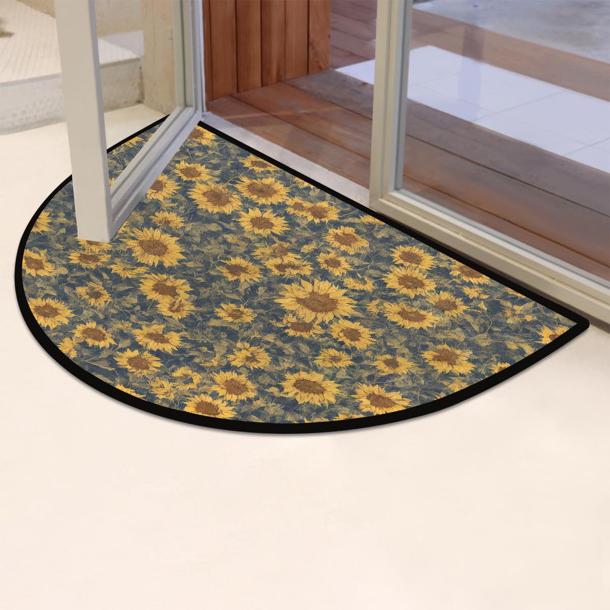 Sunflower Retro Flower Half Round Door Mat Non Slip Washable Semi Circle Area Rug Absorbent Soft Half Moon Rug Floor Mat for Indoor Outdoor Kitchen Bathroom Patio Front Door Mat Decor (Z14)