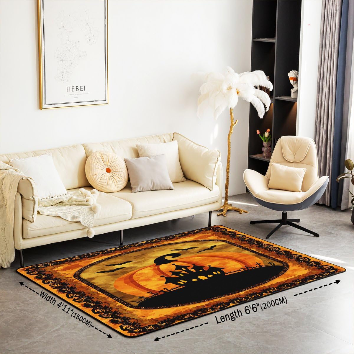 Halloween Pumpkin Large Area Rug 5x7 Spooky Haunted House Living Room Rug (Orange Black / 4'11" x 6'6" (Rectangular))