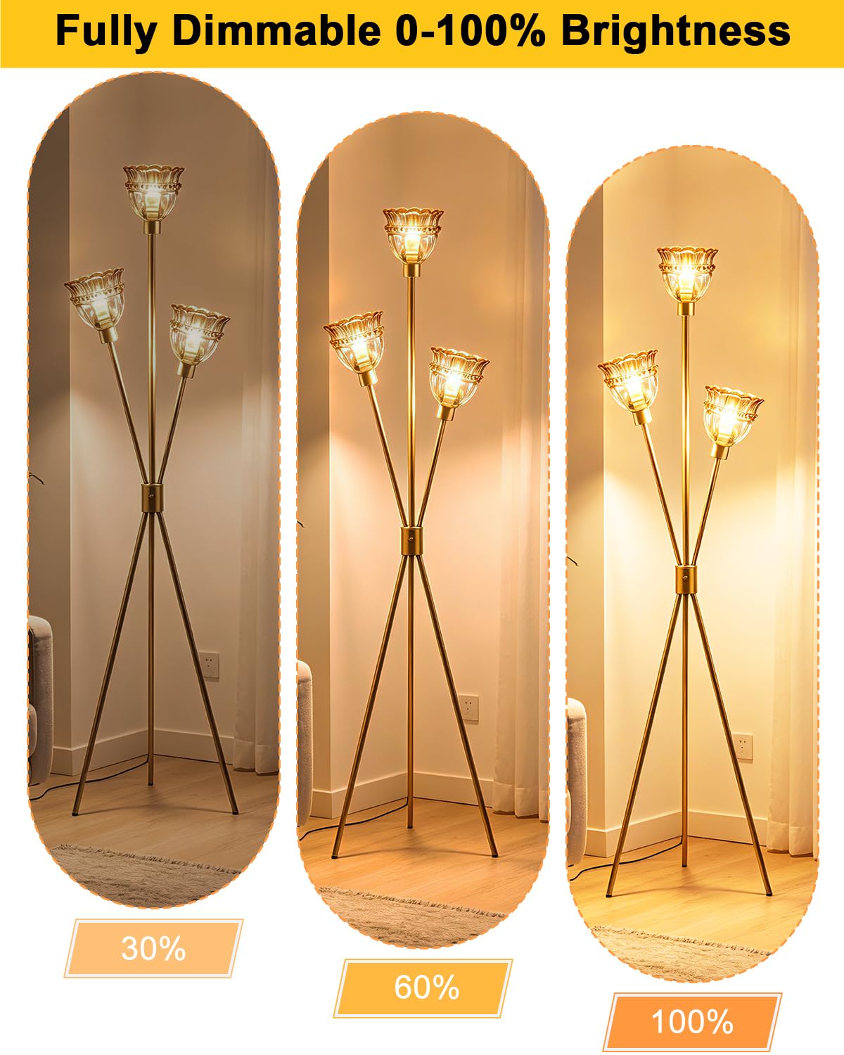 Amber Glass Tripod Floor Lamp Dimmable Gold Floor Flower Lamps