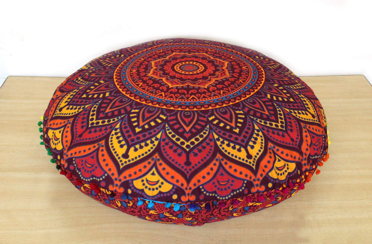 32" Inch Mandala Floor Pillow Cushion Covers Meditation Seating Ottoman Covers Hippie Decorative Bohemian Pouf Covers Large Shams Outdoor Boho Comfortable Bed Sofa Pouffe Cover (Orange Multi)