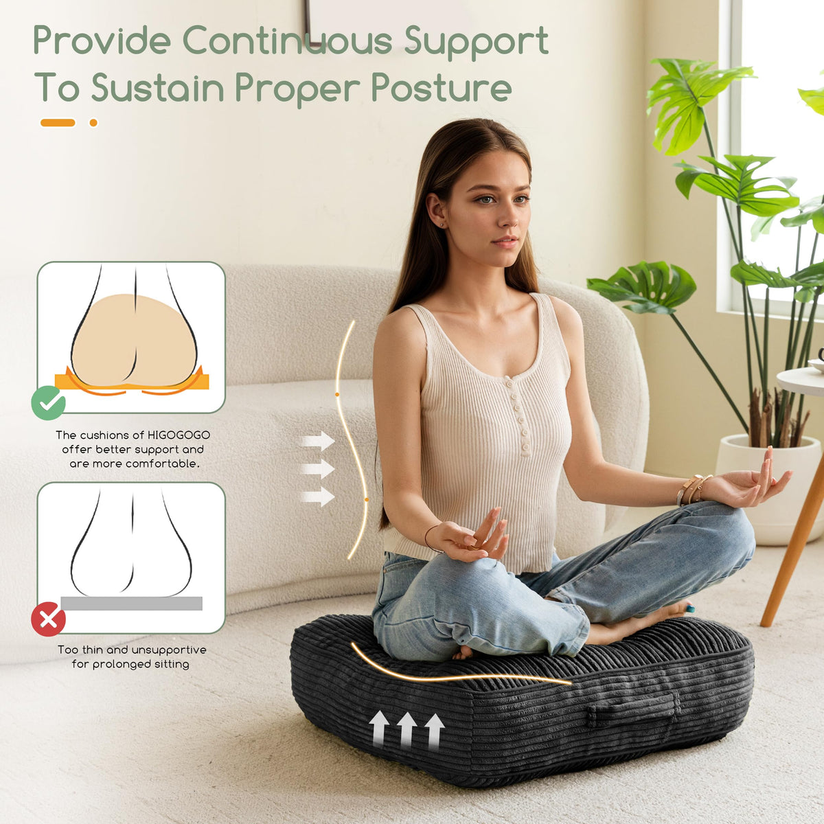6" Extra Thick Floor Pillow Cushion for Adults (Square Black / 6" Thick(Pack of 1))