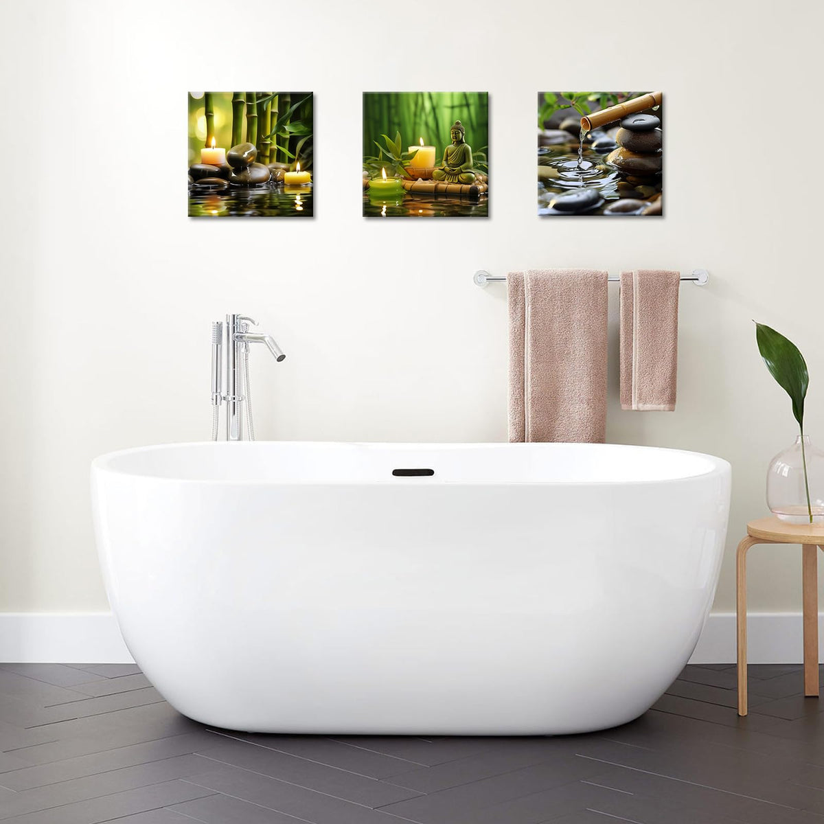 Set of 3 Zen Canvas Wall Art Spa Stone Green Bamboo Zen Candles Buddha Pictures Relaxing Wall Art for Office Bedroom Living Room Bathroom Decor Ready to Hang (Zen 04 / 16"L x 16"W)