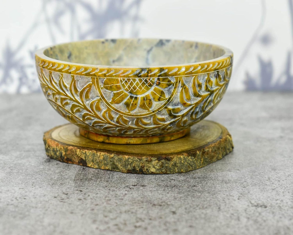 Soapstone Scrying And Smudge Bowl Pot Sun Floral Design Handmade Household Kitchen Table Decorative Gift 5 Inch (Sun Flower)