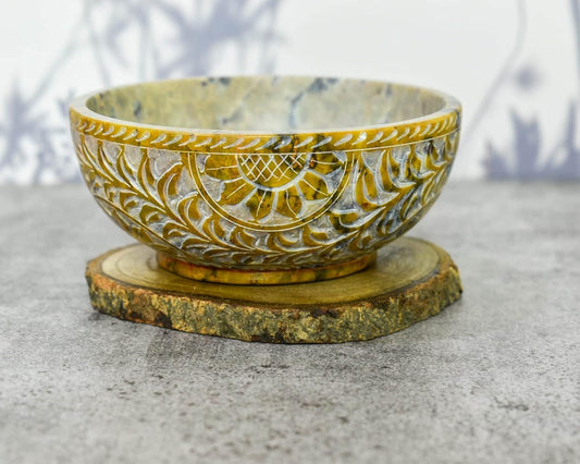 Soapstone Scrying And Smudge Bowl Pot Sun Floral Design Handmade Household Kitchen Table Decorative Gift 5 Inch (Sun Flower)