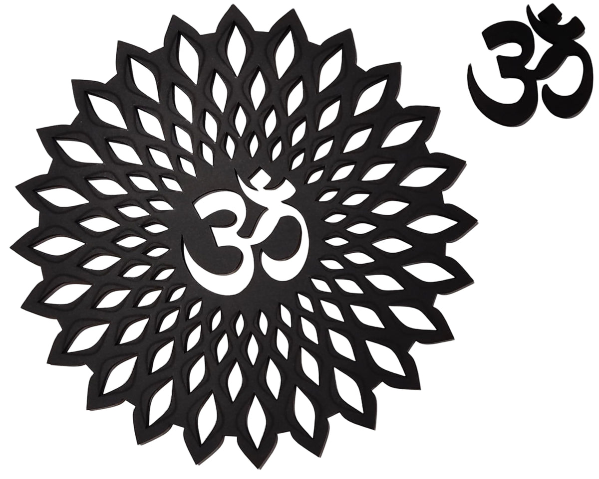 Black Om Round Decorative Wall Art Mdf Wooden Om Chakra For Temple (Marking OM-Black / 8"L x 8"W)