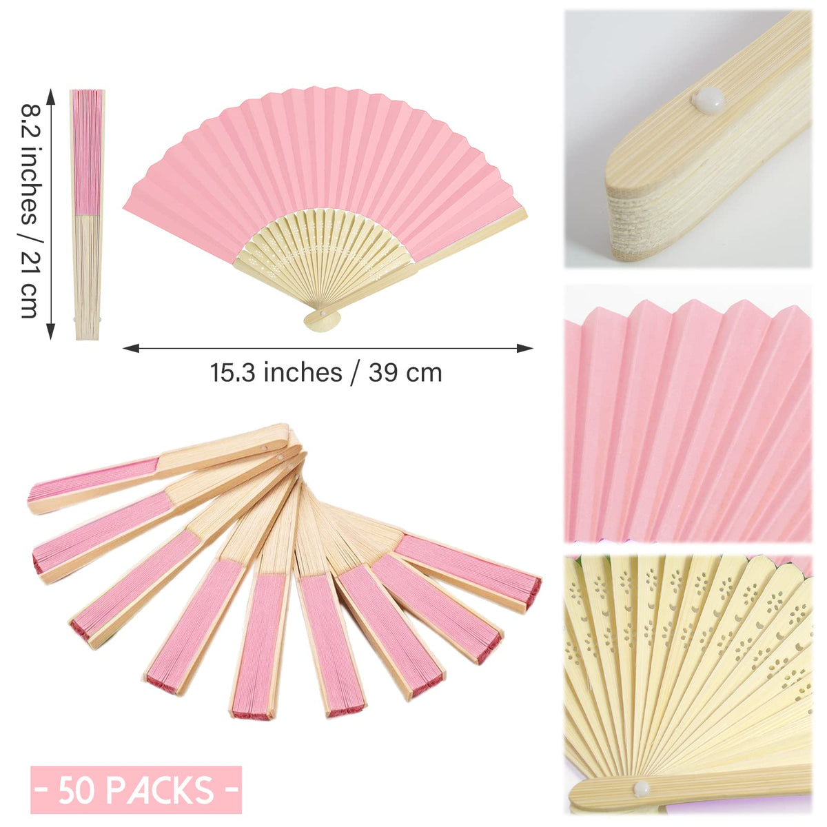 50 Pieces Paper Fans Paper Hand Fan Bamboo Folding Fan Handheld Fan Paper Folded Fan Paper Fan for Wedding Party and Home Decoration (Pink)