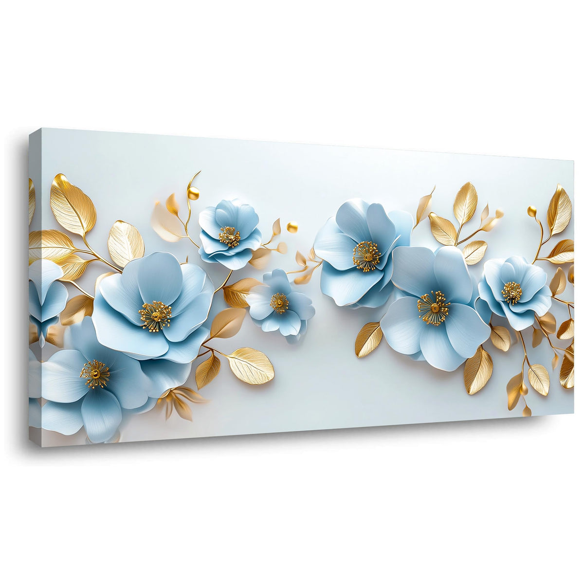 Aqua Blue Flower Wall Art for Living Room Canvas Painting Prints Pretty Floral Modern Nature Gold Elegant Artwork Office Bedroom Girls Room Decor Extra Large (58L" x 28W" / Gold and Blue Wall Art(k830))