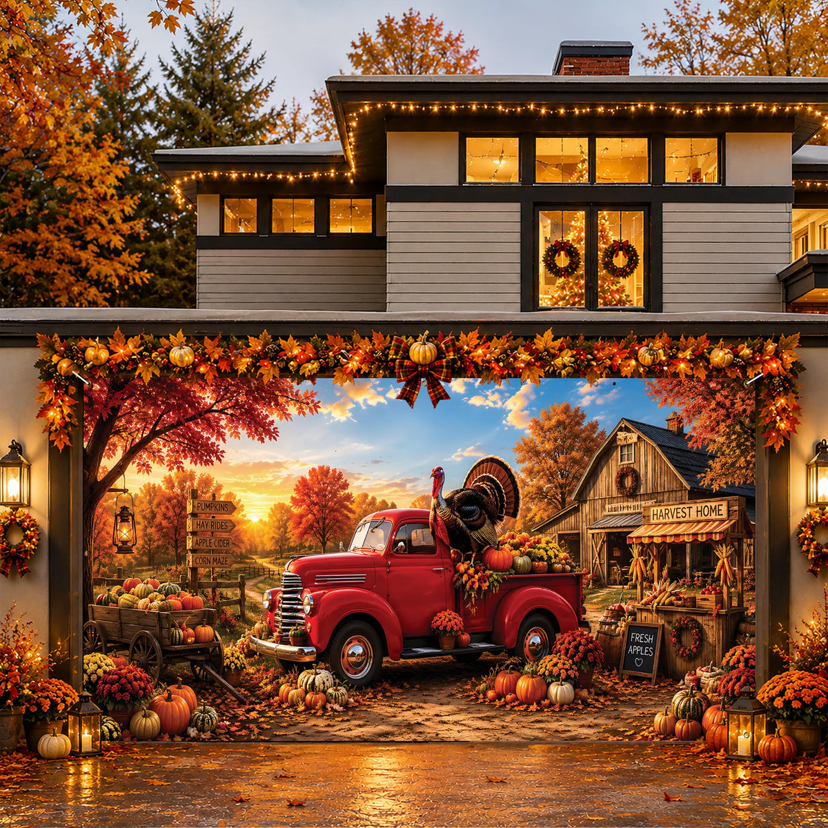 Thanksgiving Garage Door Banner Red Truck 6x13FT Fall Harvest Backdrop (A-Thanksgiving Turkey)