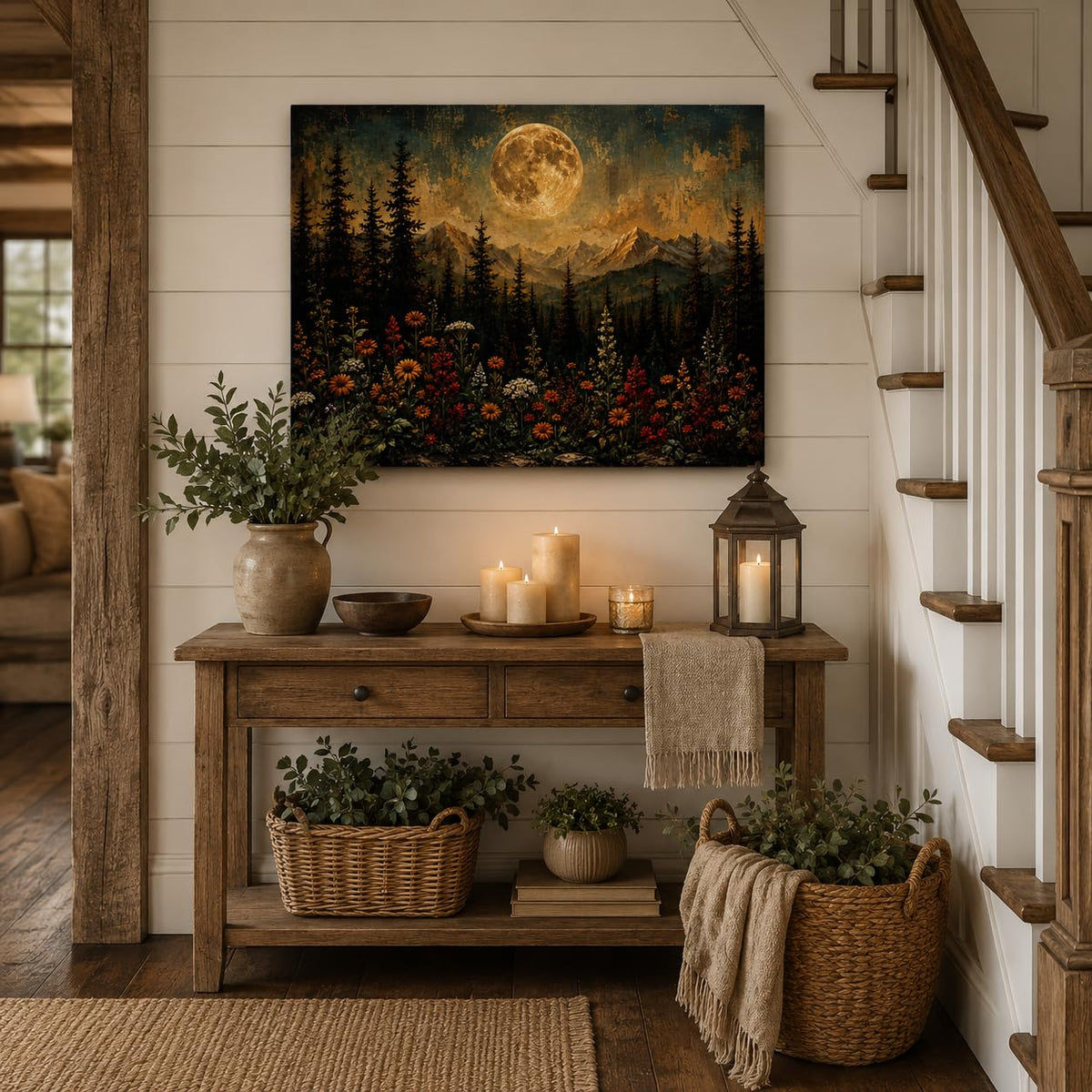 Vintage Moon Forest Canvas Wall Art Framed Mountain Wildflower 12x16 Inch (Vintage Mountain / 16"L x 12"W)