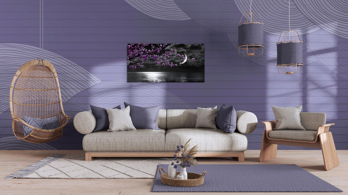 1 Panel Purple Picture for Bedroom Purple Bedroom Pictures Wall Decor Black and White Seascape Full Moon Purple Flower Print on Canvas for Home Decor Stretched and Framed 12x24 inch (24"L x 12"W / Purple Flower 9)