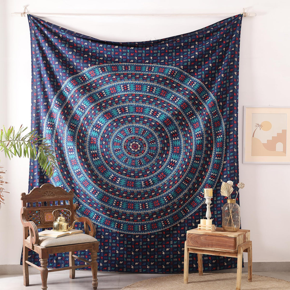 Queen Mandala Hippie Hippy Camel Ethinic Psychedelic Tapestry Wall Hanging (105L" x 81W" / Camel Blue)